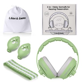 Lilian&Gema 2-in-1 Baby Ear Muffs Noise Protection, Adjustable Baby Headphones with Stretchy Band, Noise Cancelling Headphones for Baby & Toddler up to 4 Years, Baby Airplane Essentials/Outdoor, Green