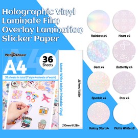 TECKWRAP Sticker Paper for Inkject Printer Holographic Laminating Sheets Matte Inkjet Printable Vinyl 8.26" x 11.69" A4 36 Sheets Printer Paper Vinyl Stickers Waterproof Photo Paper