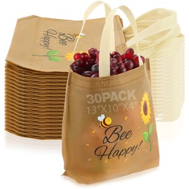 Sweetude 30 Pcs Bee Happy Gift Bags Bulk Brown Non Woven Cute Sunflower Bee Aesthetic Reusable Grocery Shopping Retail Bags with Handles for Birthday Baby Shower Decorations Party Favors Supplies