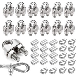 RXKFIGX 12 Pcs Wire Rope Cable Clip Clamps M3,Wire Rope Clamp U Bolt Clamp 304 Stainless Steel Thimble+Aluminum Crimping Loop Sleeve,for Rigging Rope and Tension Cable Garden Tension Wire Ropes