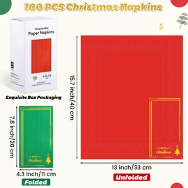 Kochorie 100 Pieces Christmas Napkins Disposable Gold Foil Christmas Trees Paper Napkin 4.3 x 7.9 Inch Decorative Guest Napkins 2-ply Red Green Hand Towels for Xmas Holiday Cocktail Party Décor