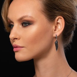 Namana Black Angel Wings Earrings for Women. 925 Sterling Silver Long Earrings for Women with Black Spinel Gemstones. Elegant Black Dangle Earrings for Women in Sterling Silver with Gift Box