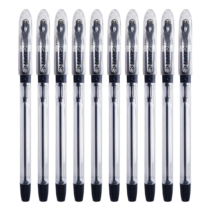Gripper Ballpoint Pens, BLACK, Fine Point (0.5mm), Pack of 10,
