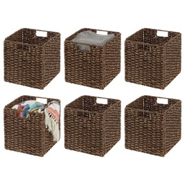 mDesign Seagrass Woven Cube Basket Organizer with Handles - Storage for Bedroom, Office, Living Room, Bathroom, Perfect for Cubby Storage Units - Hold Blankets, Magazines, Books - 6 Pack - Brown Wash
