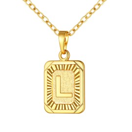 U7 A-Z 26 Letters Pendant Men Womens Fashion Jewelry 18K Gold Plated Square Pendants Capital Initial Necklace (L)