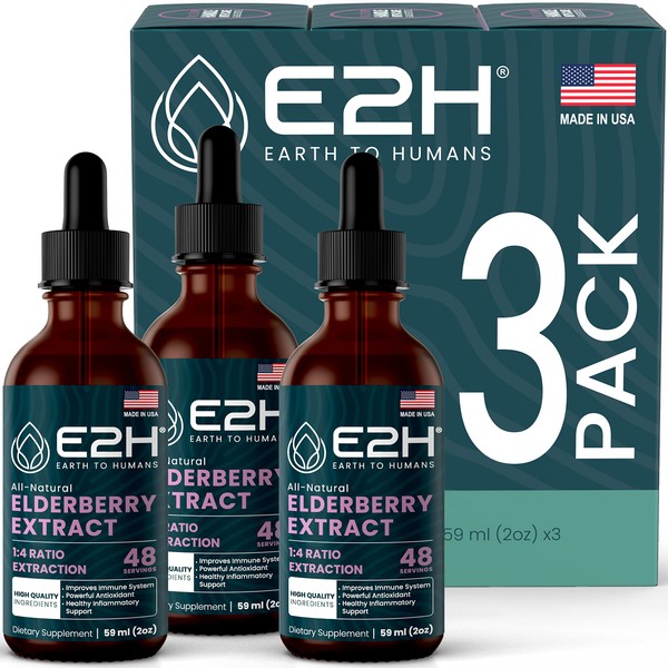 E2H Elderberry Syrup – Powerfull Antioxidants Supplement from Organic Elderberries Extract – Sambucus Elderberry Syrup for Kids & Adults for Immune Support | Non-GMO, Vegan (3 Bottles)