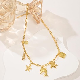 Gold Charm Necklace for Women 18K Gold Shell sea turtle Starfish Necklace White Pearl Choker Necklace Boho butterfly Charm Necklace Summer Beach Jewelry for Women Gift (Gold-A)