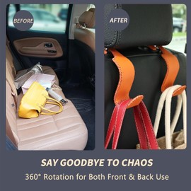 Amooca Car Seat Headrest Hook Universal Vehicle Storage Hanger Leather with Metal Car Seat Back Organizer for Handbag Purse Coat Orange 2 Pack