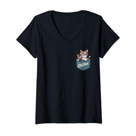 Womens Cool Cat in Sunglasses with Coconut Drink and Chillax Pocket V-Neck T-Shirt