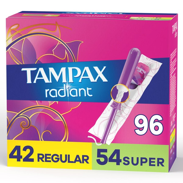 Tampax Radiant Tampons Duo Pack, Regular/Super Absorbency, 96 Count, BPA-Free Plastic Applicator and LeakGuard Braid, Unscented, 96 Count