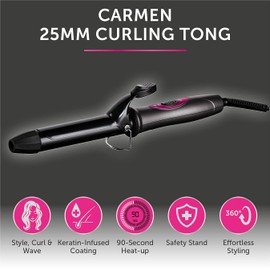 Carmen C81068 Neon 25mm Curling Tong with Keratin-Infused Coating, 90-Second Heat-Up Time, Graphite/Pink