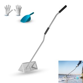 Sand Flea Rake – Commercial Grade 16’’ Steel Basket with 55’’ Ergonomic/Neoprene Handle - Sandflea Sifter for Beach - Shark Teeth Rake for Sandfleas - Sand Scoop and Gloves Included