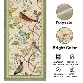 Croar Vintage Flower Birds Dining Table Runner, Green Elegant Floral Bluebird Robin Burlap Kitchen Decoration, Spring Summer Farmhouse Retro Indoor Outdoor Home Decor Party Supply 13 x 36 Inches
