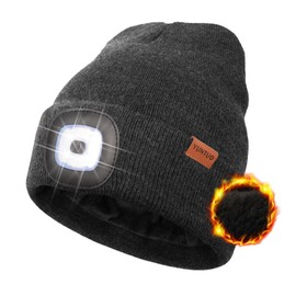 YunTuo Fleece Lined Beanie Headlamp Hat with Light, Rechargeable LED Winter Cap, Gifts for Men Women Husband (Slate Grey)