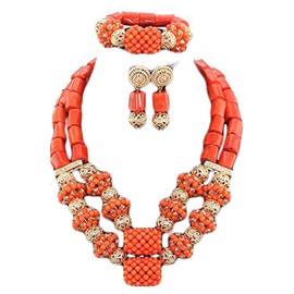 2018 Latest Coral Jewelry Sets Nigerian Dubai Orange Necklace Sets of Beads African Bridal Jewelry Sets