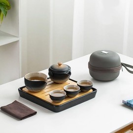 Zen Lotus Design Travel Teapot, Portable Ceramic Tea Set, 1 Pot, 1 Fairness Cup and 3 Mini Cups, Tea Ceremony Set for One to Three (Terra Umber)