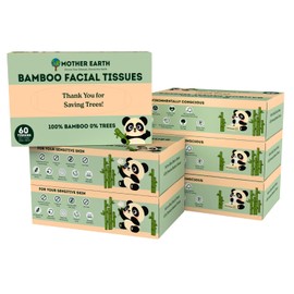 MOTHER EARTH Bamboo Facial Tissue Paper - 4 Ply Tissue Flat Box, Lint-Free, Hypoallergenic, Septic-Safe, Unscented, 60 Sheets per Box, 6-Box Pack, Total 360 Tissues