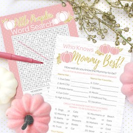 DISTINCTIVS Pink Little Pumpkin Girl Baby Shower Games – Who Knows Mommy Best and Word Search 2-Game Bundle, 20 Dual-Sided Cards for Autumn Girl Baby Shower