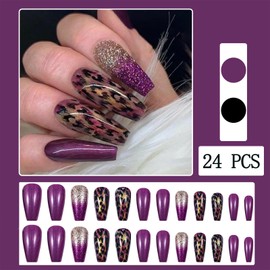 Purple Glitter Gradient Press on Nails Long Coffin with Sparkly Bling Purple Leopard Print French Design Acrylic Artificial Fake Nails for Women Girls Manicure Decorations 24Pcs