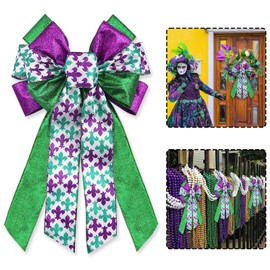 Large Mardi Gras Bow for Wreath, Glitter Purple Green Gold Mardi Gras Wreath Bow, Large Mardi Gras Tree Decorations, Fat Tuesday Ornaments for Front Door Indoor Outdoor Masquerade Decorations