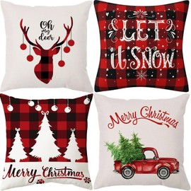 VITEVER Christmas Cushion Covers, Set of 4, Linen Look Cushion Covers with Christmas Tree, Deer Pattern, Red, Christmas Decorative Cushion Cover for Bedroom, Car, Merry Christimas, Cushion Covers, 45