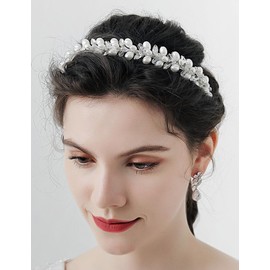 Teyglen Pearl Bride Wedding Headband Bridal Crystal Rhinestone Beads Headband Gold Silver Crystal Headpiece Elegant Hair Hoop Band Wedding Hair Accessories for Women Girls (Gold)