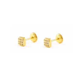 Mondepetit - 18ct Yellow Gold Square Cubic Zirconias Children's Baby Earrings shine