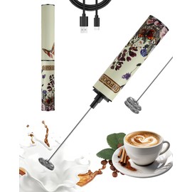 Milk Frother Rechargeable with Cover - Coffee Frother Wand, Drink Mixer Handheld with 2 Detachable Stainless Whisks 2 Speed Adjustable for Latte, Cappuccino, Hot Chocolate, Egg, Vintage Floral