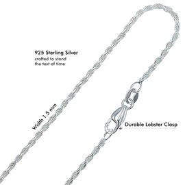Silvadi Sterling Silver Chain Diamond Cut 1.5mm Mens Chain - Silver Rope DiamondCut Chain 925 silver chain Braided Twist Link Necklace – Italian Silver Rope Chains for Men and Women