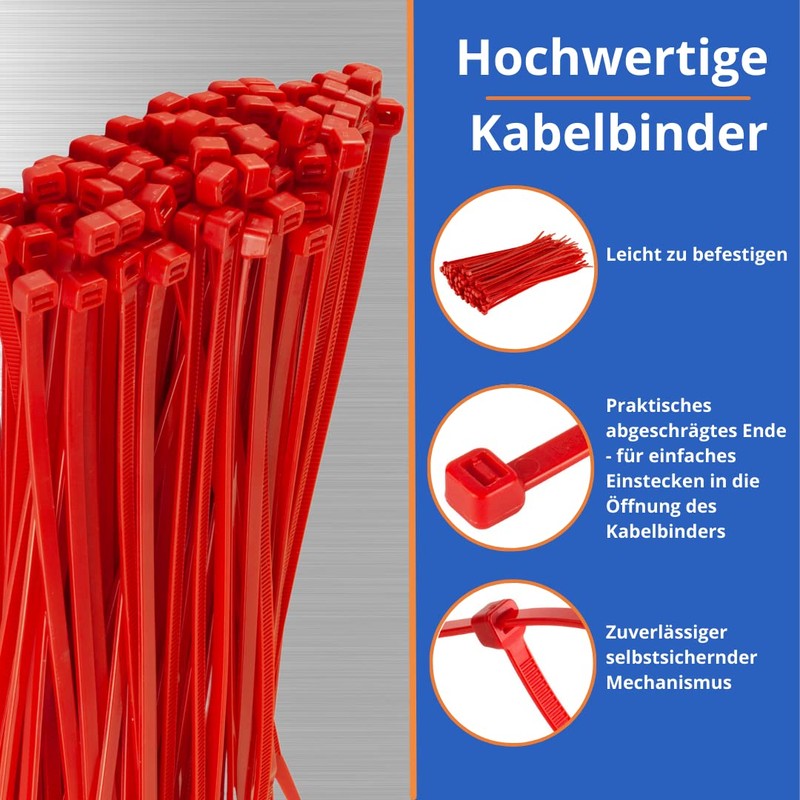 Gocableties 200mm x 2.5mm Heavy Duty Nylon Cable Ties Red