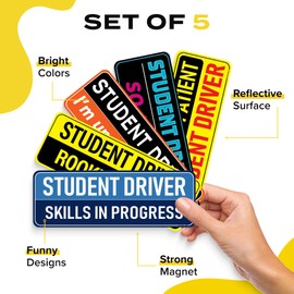 Student Driver Magnet for Car - Funny 5-Pack Please Be Patient Reflective Magnetic Bumper Sticker Set - Removable Novice Rookie Safety Attention Sign - Weather-Resistant - 10 x 3.5 inches