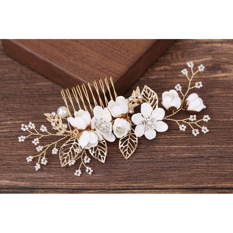 Pearl Bridal Hair Comb Flower and Leaf Side Hair Clips