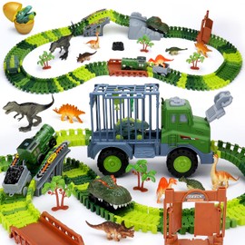 Dinosaur Track Toy, Dinosaur Race Car 194pcs Flexible Dino Slot Car Track with Dinosaur Figures Truck Playset Create a Dino World Road Race for Kids 3 4 5 6 Year Old Up Boy Girls
