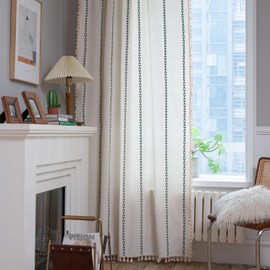 Sutuo Home Boho Curtains 84 inches Long for Bedroom, Semi Blackout Farmhouse Vintage Tassels Window Treatment Bohemian Embroidery Drape, Rod Pocket 1 Panel 52" W x 84" L, White and Emerald Green