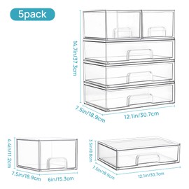 Vtopmart Clear Stackable Storage Drawers Set of 5, Plastic Organizer Bins for Makeup, Cosmetics, Beauty Supplies,Ideal for Vanity, Bathroom,Cabinet,Pantry Organization