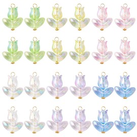 GOMAKERER 24 Pcs 6 Colors Acrylic Tulip Charms Pendants, Transparent Plastic Colorful Spring Flowers Charms Dangle Glass Bead Charms Bulk Flower Pendants for DIY Jewelry Making