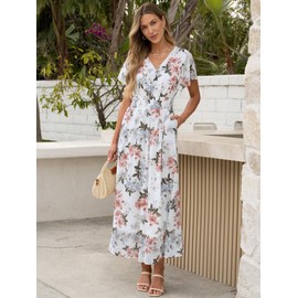 ANRABESS Womens Summer Floral Maxi Dress Casual V Neck Short Sleeve Chiffon Boho Flowy Beach 2025 Wedding Guest Long Dresses White Flor Medium