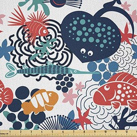 Lunarable Aquarium Fabric by The Yard, Heart Shaped Stingray and Fish with Dots Doodle Style Underwater Community Design, Microfiber Fabric for Arts and Crafts Textiles & Decor, 1 Yard, Aqua