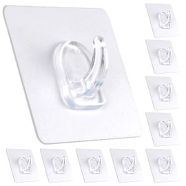PEYZCNOK Adhesive Hooks, Heavy Duty Utility Hooks 20 lb(Max) Waterproof and Oilproof Removable, Clear Seamless Hooks Reusable Wall Hook for Kitchen Bathroom Bedroom Office - 10 Pack