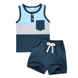 FOCUTEBB - Conjunto de ropa de verano para niños pequeños, sin mangas, con retazos y pantalones cortos, 6 meses-4T, Azul, 3-4 Años