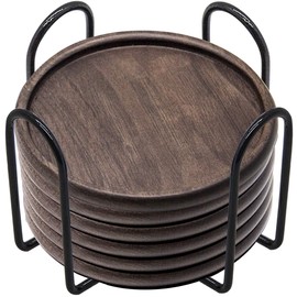 Wood Drink Coasters with Metal Holder, GOH DODD 4 Inch 6 Pieces Wooden Coasters Cup Coaster Set for Bar Kitchen Home Apartment, Walnut Wood