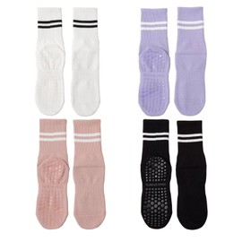 4 Pairs Black/White/Light Blue/Pink Pilates Socks, Stopper Socks, Stopper Socks Women, Non-Slip, Non-Slip Socks for Adults, Non-Slip Sockennon Briefs, Pilates Grip Barefoot, Barre, Trampoline, Dance