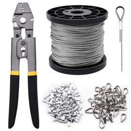 FGBNM 328ft Wire Rope Crimping Tool Kit, Stainless Steel Wire Rope Cable with Aluminum Crimping Sleeves and Stainless Steel Thimbles for Railing, Decking, Picture Hanging (328ft)
