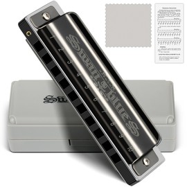 SWAN Blues Harmonica C Key for Kids Adults, 10 Hole Diatonic Harmonica Key of C Brass Reed Blues Harp for Beginners Students, Metal Mouth Organ in Stainless Steel C Major, Black Swan Black Gray