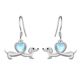 Qielizhu Sterling Silver Moonstone Dachshund Dangle Earrings