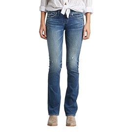 Silver Jeans Co. Women's Tuesday Low Rise Slim Bootcut Jeans, Medium Indigo Distressed, 25W x 31L