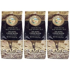 Royal Kona 10% Kona Coffee Blend, Chocolate Macadamia Flavor - Ground, 8 Ounce Bag (Pack of Three)