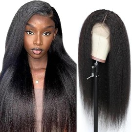Lakaisa Human Hair Wig, Yaki Wave Human Hair, 4 x 1 Lace Natural Black Wig, Women's Real Hair, Glueless Wear and Go Pre Plucked with Baby Hair, Low Shedding for Women, 86 cm