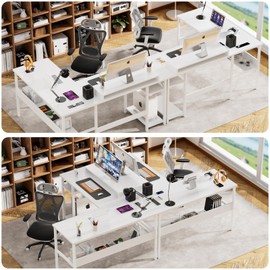 Unikito Reversible L Shaped Computer Desk with Power Outlets and Monitor Stand, Sturdy Corner Desk with RGB LED Light and Storage Shelves, Modern Work Desk for Home Office, Easy to Assemble, White