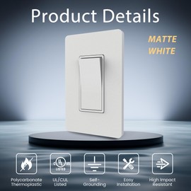 ThunderWay Matte White 3 Way Decorative Light Switch with Cover Plate, 15A 120V/277V, AC Rocker Paddle Wall Switches Replacement, Self-Grounding, Residential Grade, UL Listed (10 Pack)